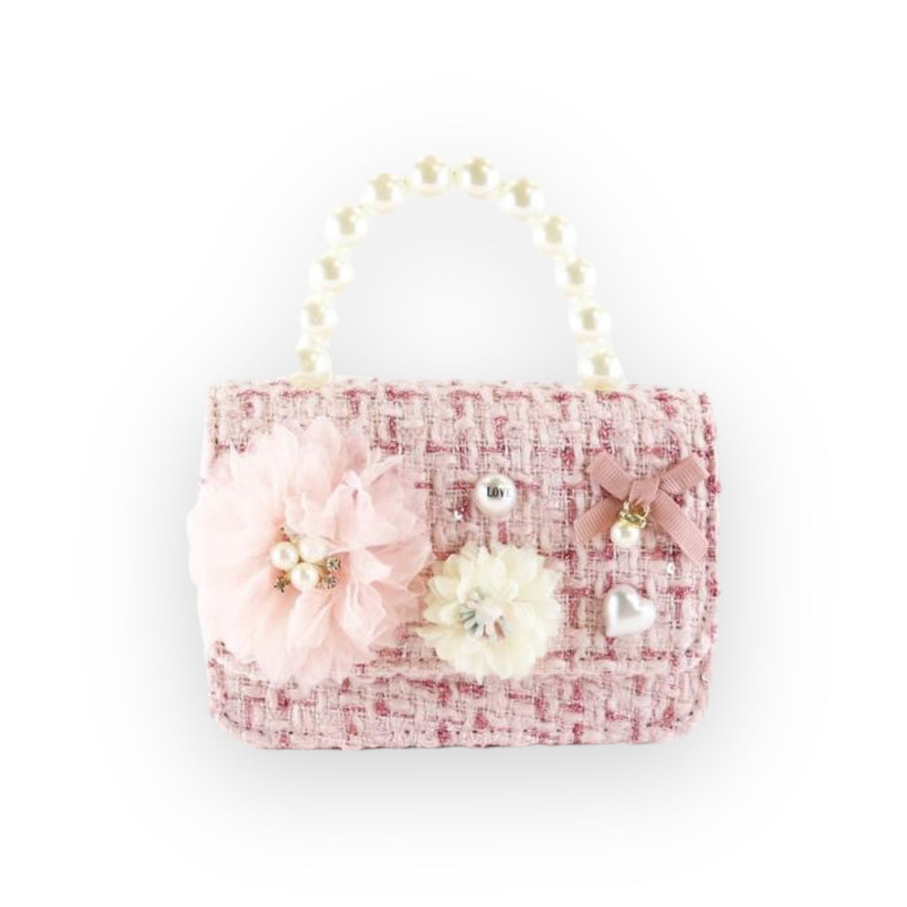 Floral Appliques Tweed Purse - Pink