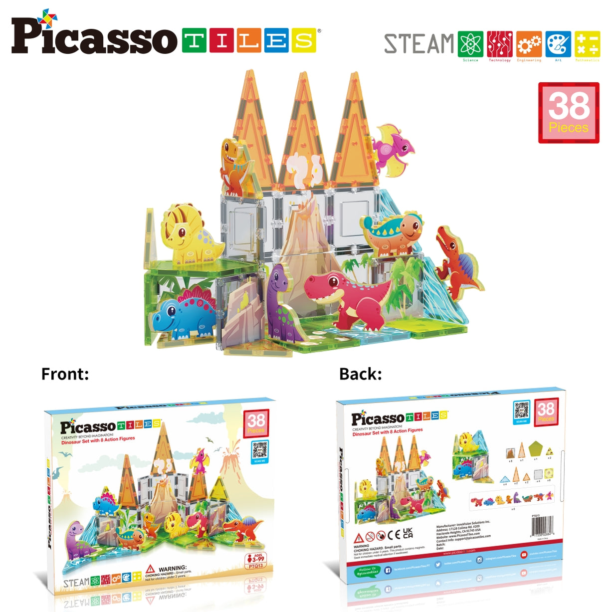 PicassoTiles Magnet Tile Building Blocks 3-in-1 Crane, Dump Truck, and