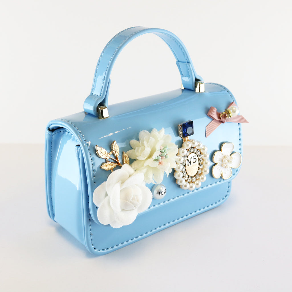 Floral & Charms Patent Leather Purse - Blue
