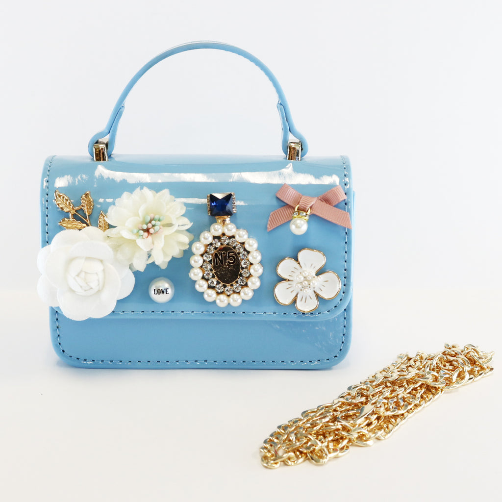 Floral & Charms Patent Leather Purse - Blue