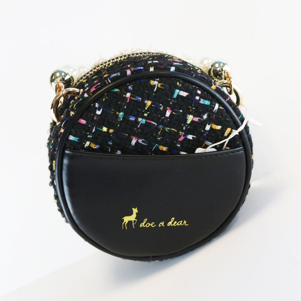Pearl Trim Round Tweed Purse - Black