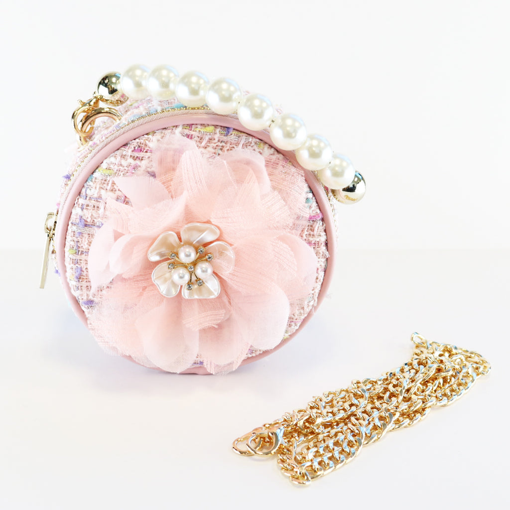 Big Flower Round Tweed Purse - Pink