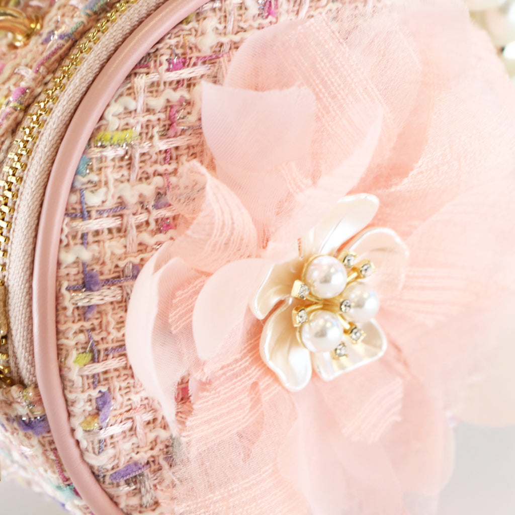 Big Flower Round Tweed Purse - Pink