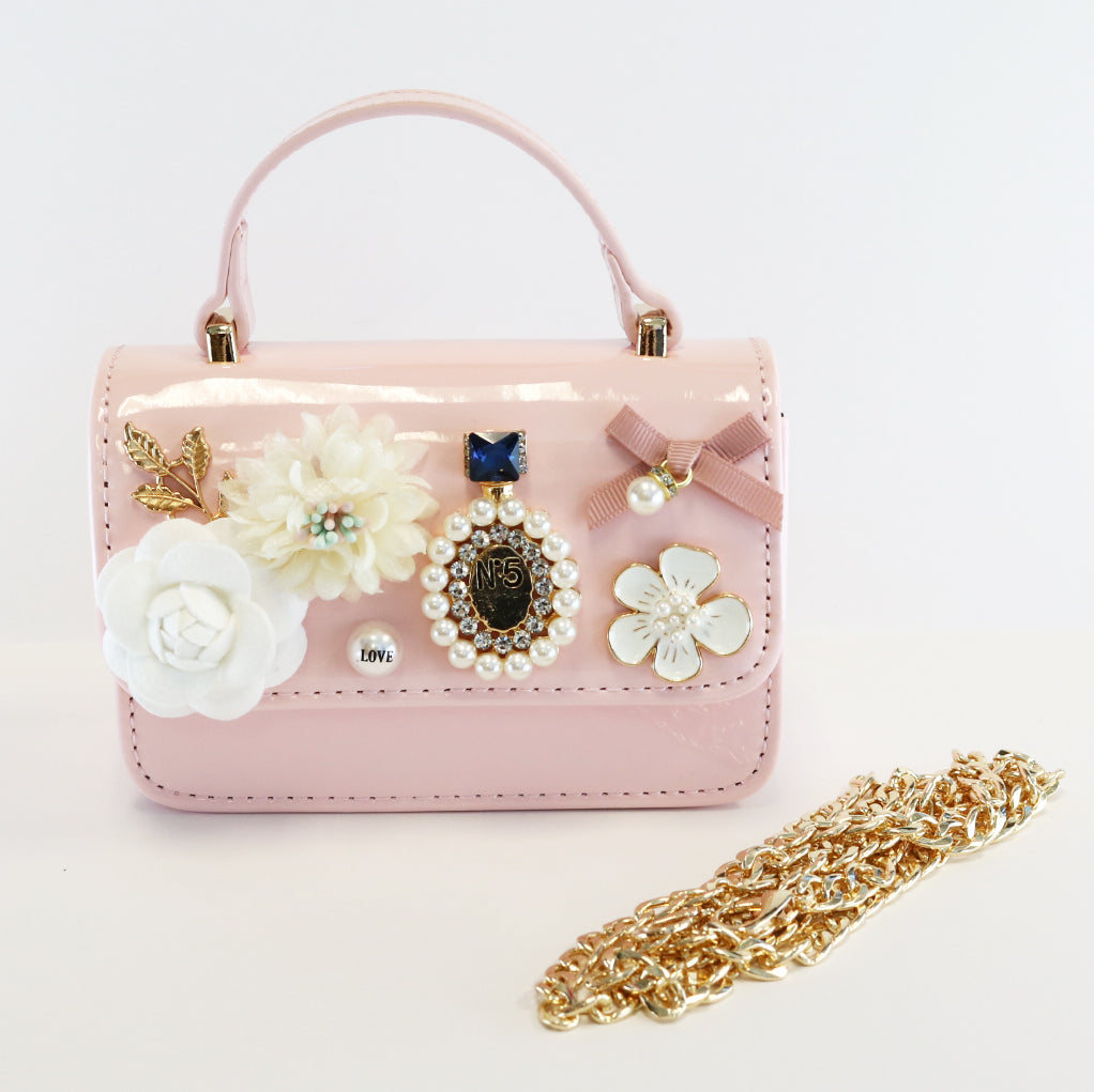 Floral & Charms Patent Leather Purse - Pink