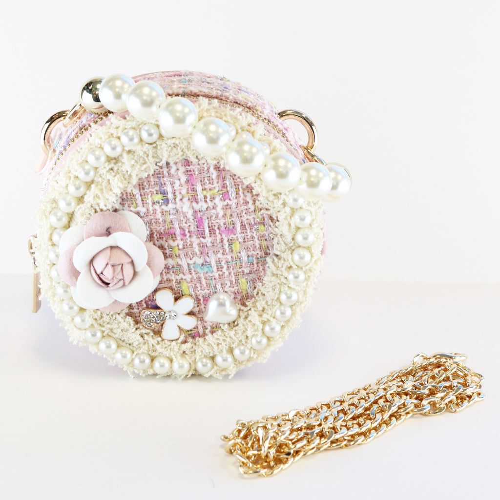 Pearl Trim Round Tweed Purse - Pink