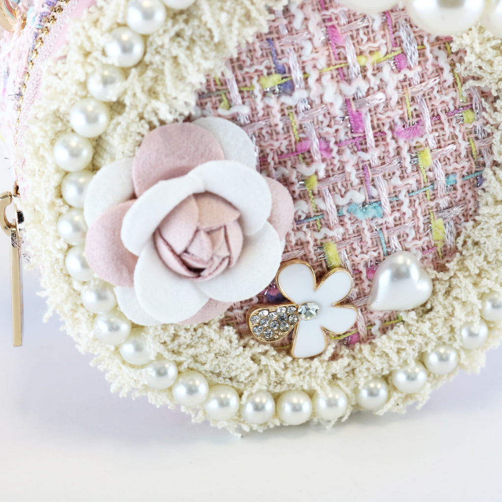 Pearl Trim Round Tweed Purse - Pink
