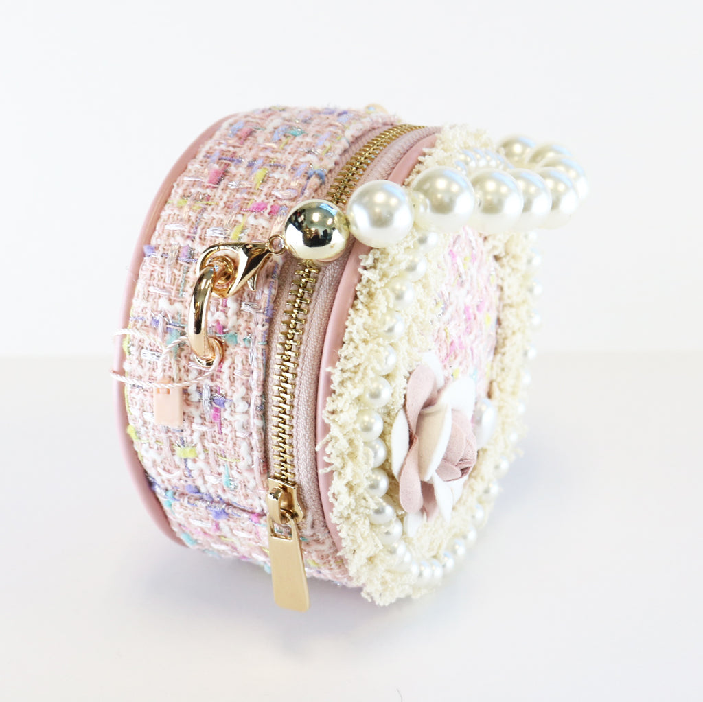 Pearl Trim Round Tweed Purse - Pink