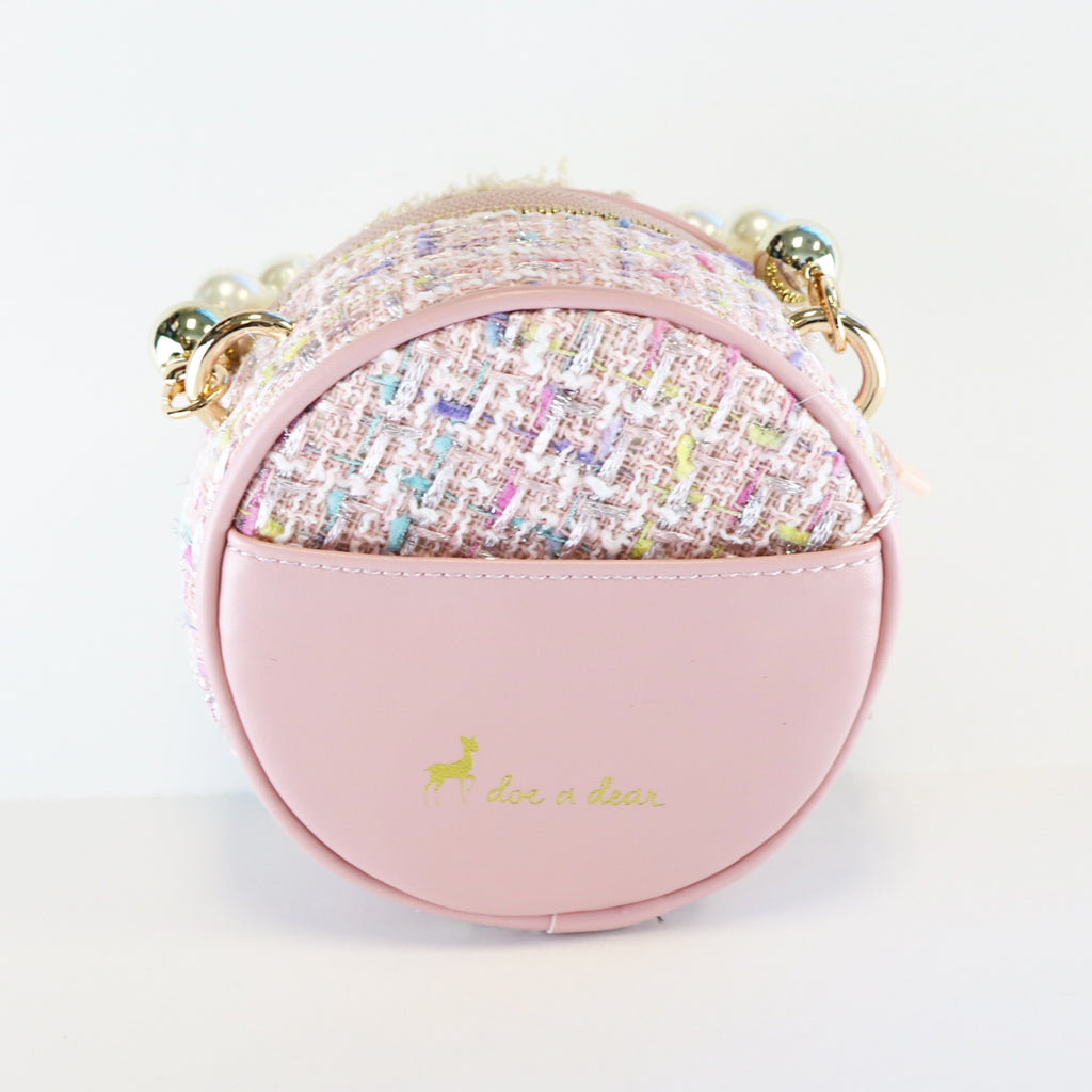 Pearl Trim Round Tweed Purse - Pink