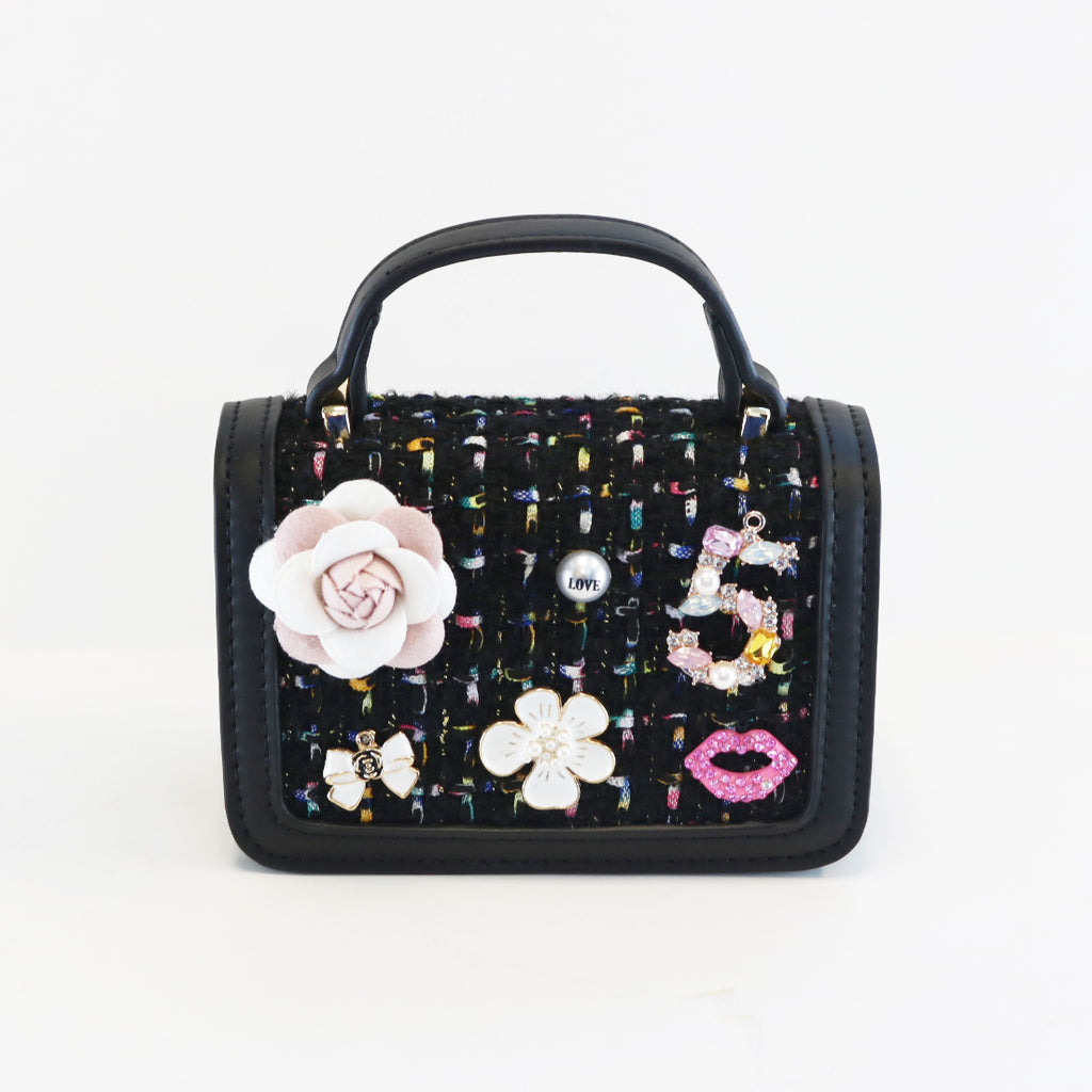 Floral & Charms Tweed Purse - BLACK