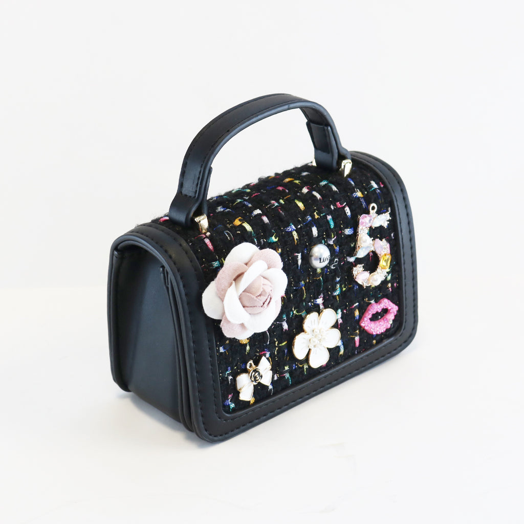 Floral & Charms Tweed Purse - BLACK