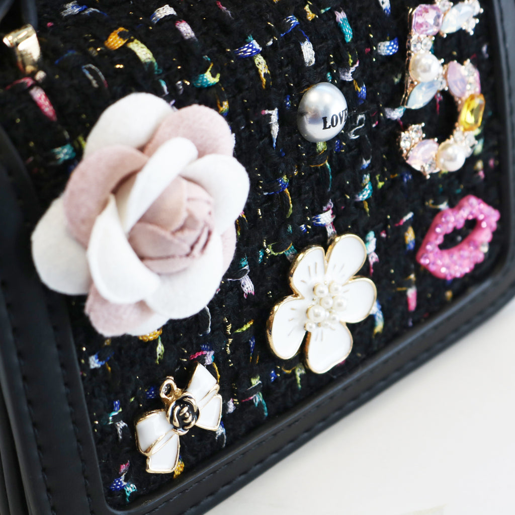 Floral & Charms Tweed Purse - BLACK