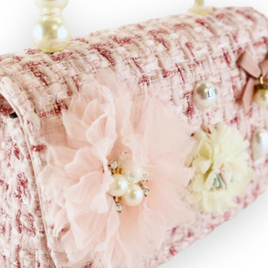 Floral Appliques Tweed Purse - Pink