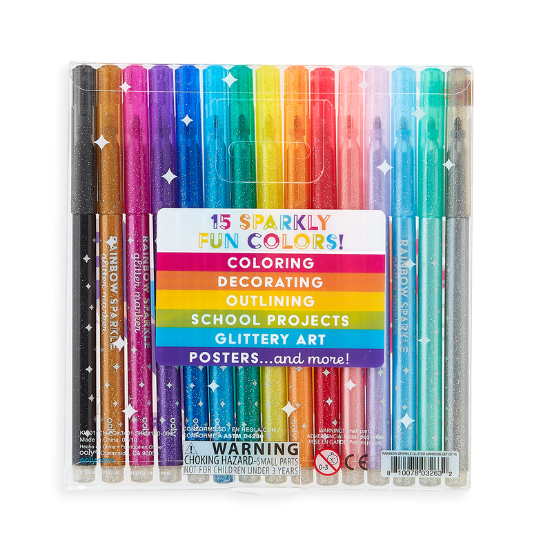 rainbow sparkle glitter markers - set of 15