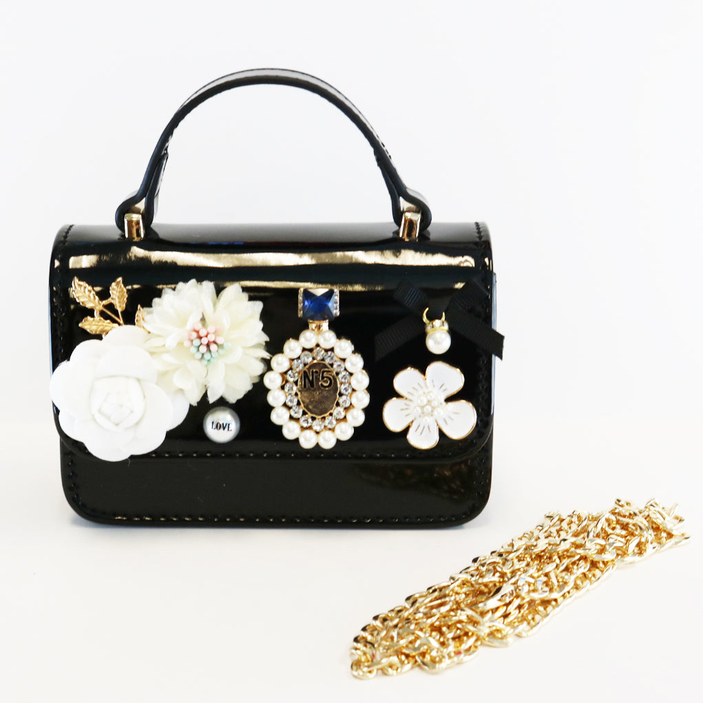 Floral & Charms Patent Leather Purse - Black