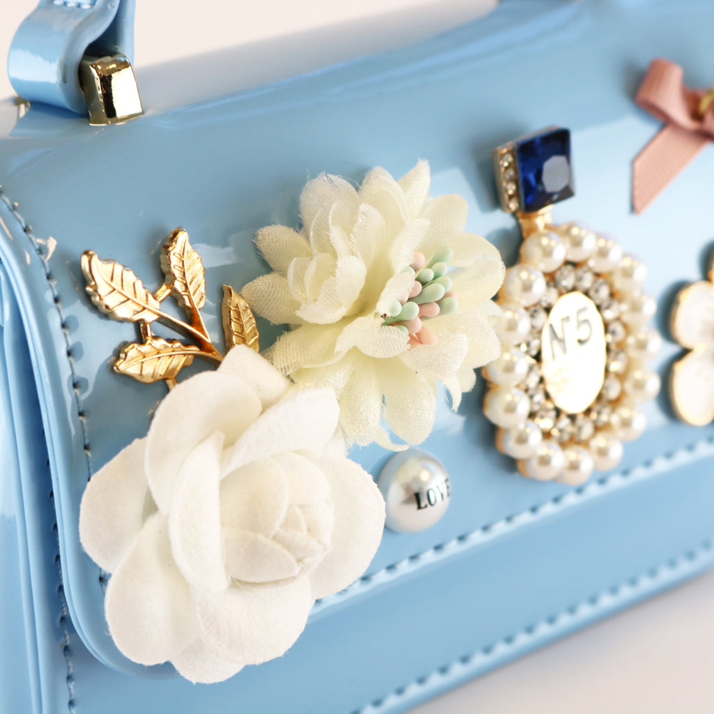 Floral & Charms Patent Leather Purse - Blue