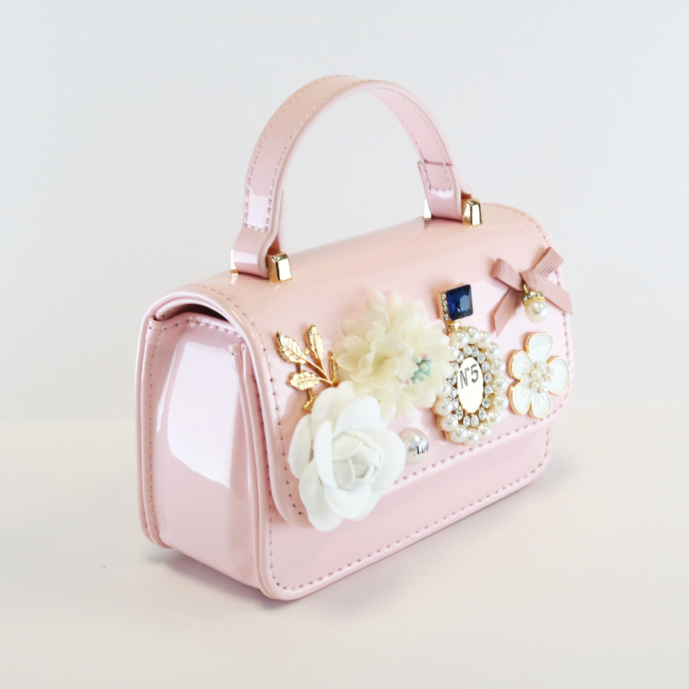 Floral & Charms Patent Leather Purse - Pink