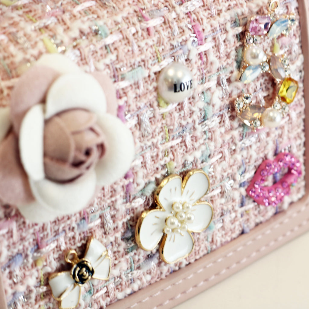Floral & Charms Tweed Purse - PINK