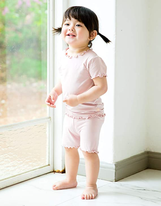 VAENAIT BABY Short Soft Shirring Cool Pajamas 2pcs Set Greypink