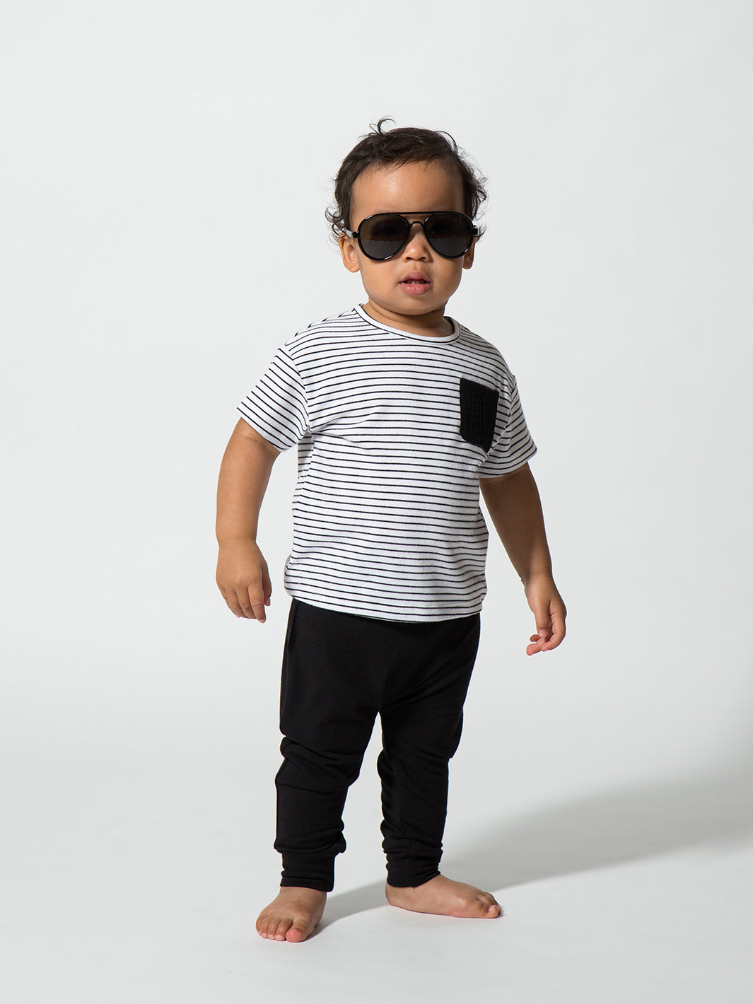 The Bamboo Tee + Cotton Gathered Hem Pant SET Black Stripe