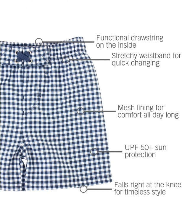 Navy Gingham Swim Trunks