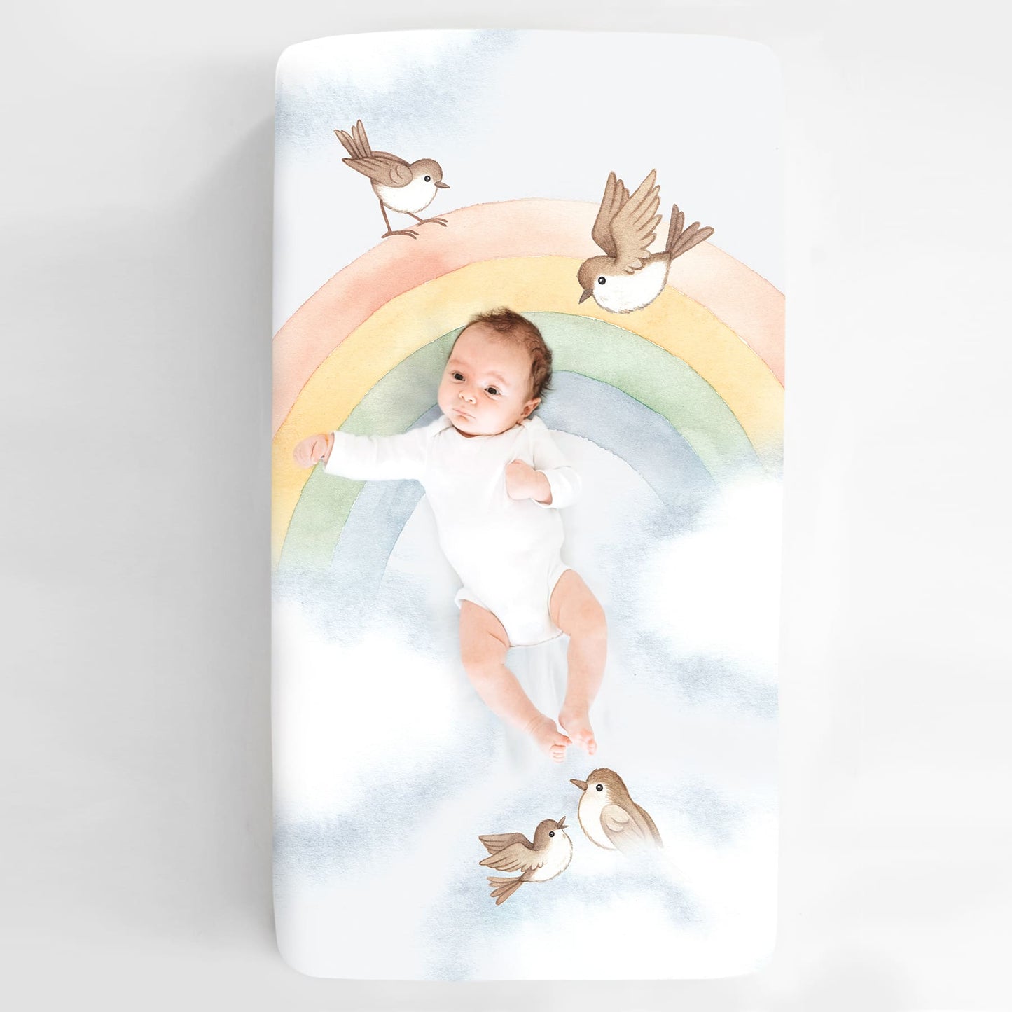 Cotton Sateen Crib Sheet: Rainbow & Birds